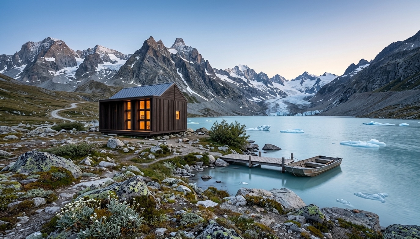 Charred-timber Brixel cabin by an alpine lake at dawn