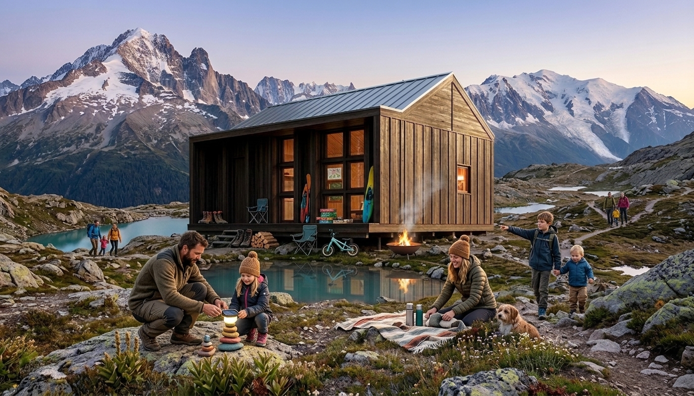 A Brixel adventure base in the alps: family at the campfire, climbers in the distance