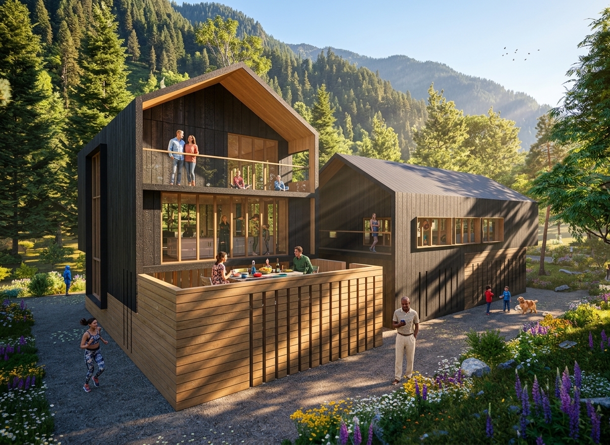A family on the upper-deck balcony of a two-storey Brixel cabin, mountain forest behind