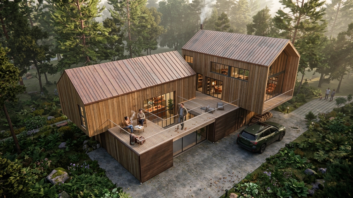 Two Brixel cabins joined by a shared deck, in a forest clearing — family on the deck, car parked in the drive