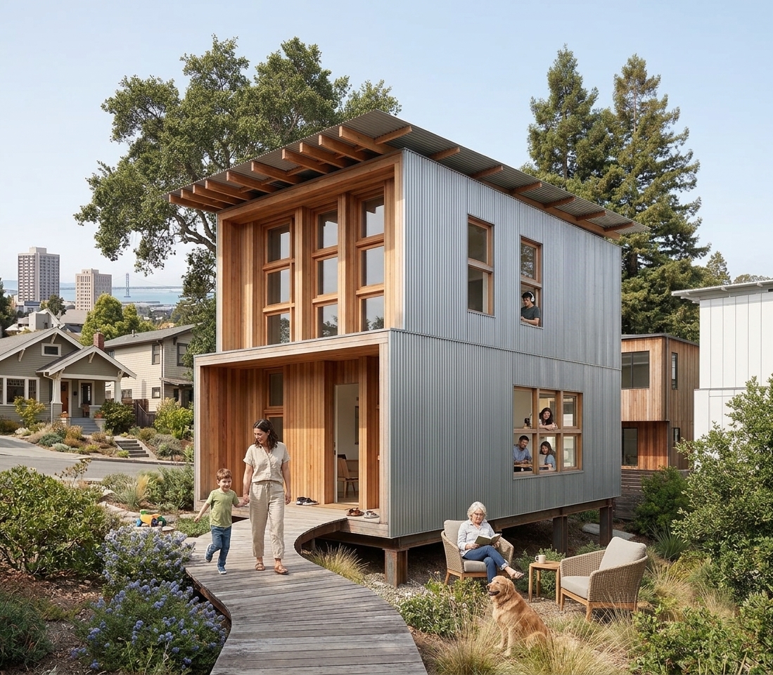 Two-story Brixel ADU in a back garden, mixed timber and zinc cladding